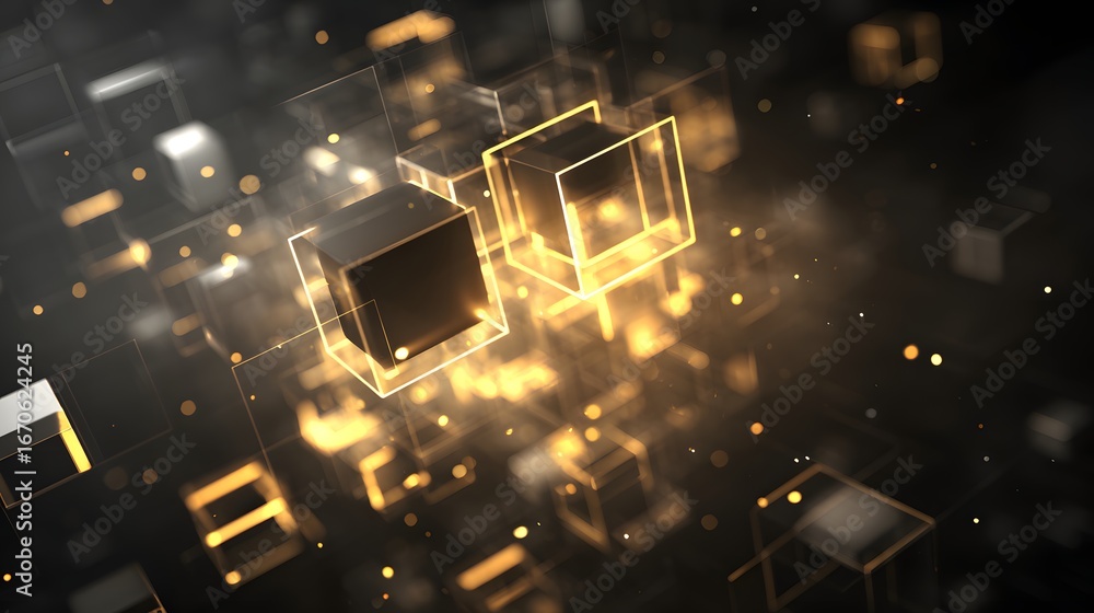 Aufkleber a network of interconnected cubes, glowing with golden light, creates an intricate and dynamic digit