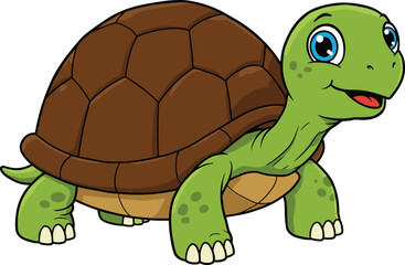 Cute cartoon turtle character with brown shell, smiling green turtle illustration, kids animal design, vector isolated on white background