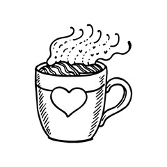 Hand drawn sketch of a steaming coffee cup with a heart design isolated on white background isolated on transparent background
