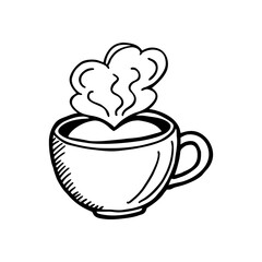 Hand drawn sketch of a steaming coffee cup with heart shaped steam rising isolated on white background isolated on transparent background