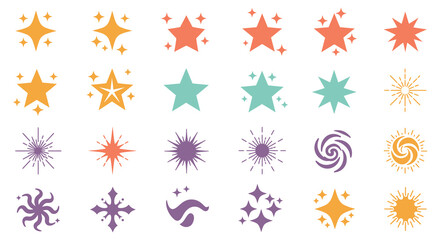 Collection of various colorful star shapes and designs on white background