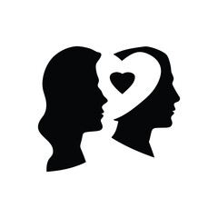 Silhouettes of two heads with a heart symbol connecting them isolated on white background isolated on transparent background