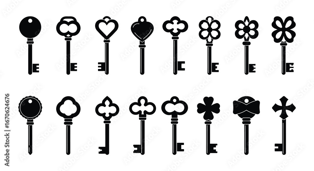Poster collection of various old fashioned keys with different shapes and designs