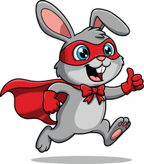 Cute superhero bunny cartoon character with red cape, thumbs up pose, happy rabbit illustration for kids, vector isolated on white