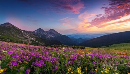 Fototapeta premium serene landscape with vibrant flowers and mountains under a pastel sky at twilight