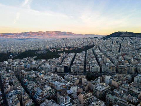 Aerial landscape from Neapoli Kolonaki neighborhood near Lycabettus Hill winter in Athens