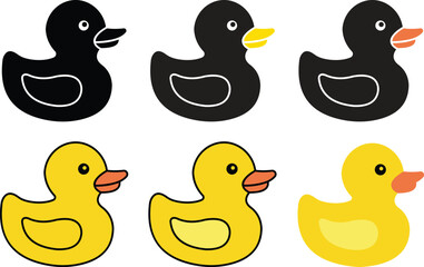Rubber duck silhouette icon set. Classic black and yellow rubber duck toy icon collection, isolated on transparent background. Rubber duck icon vector illustration design.