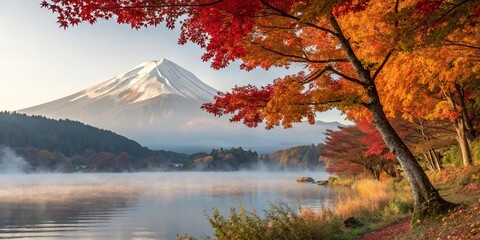 Autumnal Fuji Misty Lake, Red Maple Canopy, Japan, Landscape Photography, Autumn foliage, Japan scenery