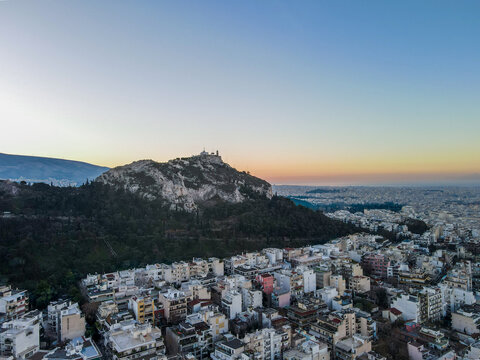 Aerial landscape from Neapoli Kolonaki neighborhood near Lycabettus Hill winter in Athens