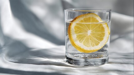 A glass of water with a vibrant lemon slice, bathed in soft light, sits elegantly on a draped fabric background.