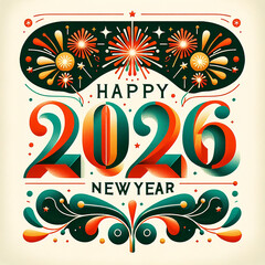 Celebrate happy new year 2026 with festive fireworks and ornate decorations