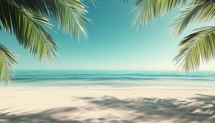 Fototapeta premium Breathtaking Panoramic View Of A Tropical Paradise Beach With White Sand And Lush Palm Trees In A Serene Natural Setting.