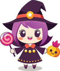 Cute Kawaii Witch Holding Candy Clean White