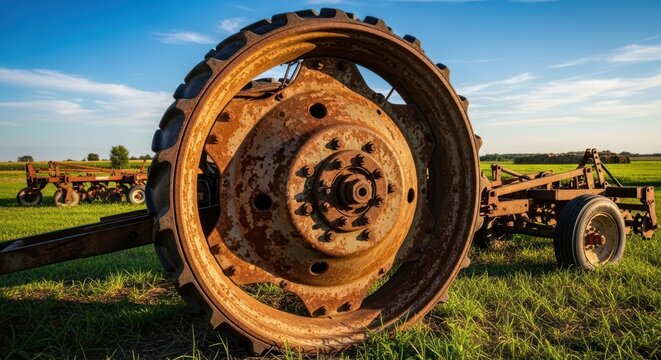 Rusty old farm machinery in a green field under a blue sky