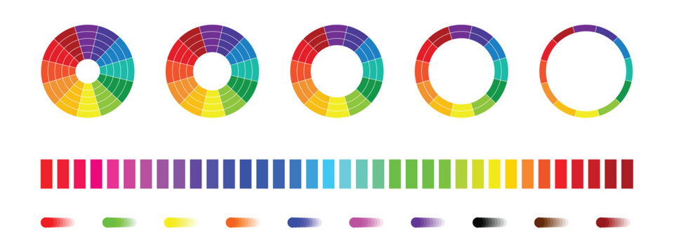 colour wheel guide.  Isolated floral patterns and colour scheme.  CMYK and RGB hues. Set of different color circles. Infographic element round shape