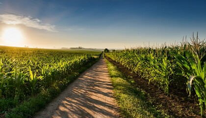 Obraz premium cornfield path with long sunset shadows