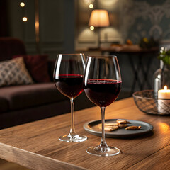 Glasses of red wine on table