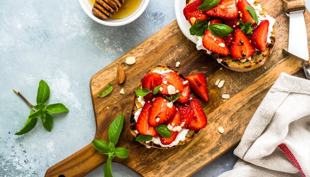 Two slices of toasted bread topped with creamy cheese, fresh strawberries, and basil leaves, garnished with slivered almonds, presented on a wooden cutting board.