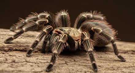 Striking Close-up of a Stripped Knee Tarantula on Wood