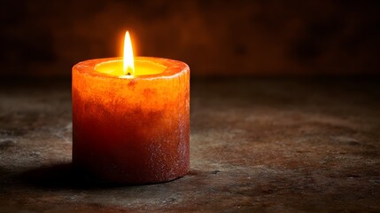 A single, warm-hued candle casts a soft glow on a rustic surface, highlighting its simple beauty.