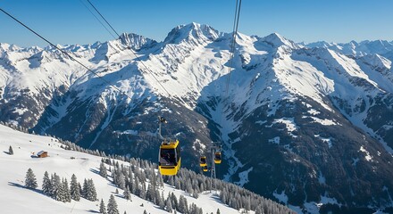 Aerial view of skiers riding yellow gondola lift through the majestic snowy mountains