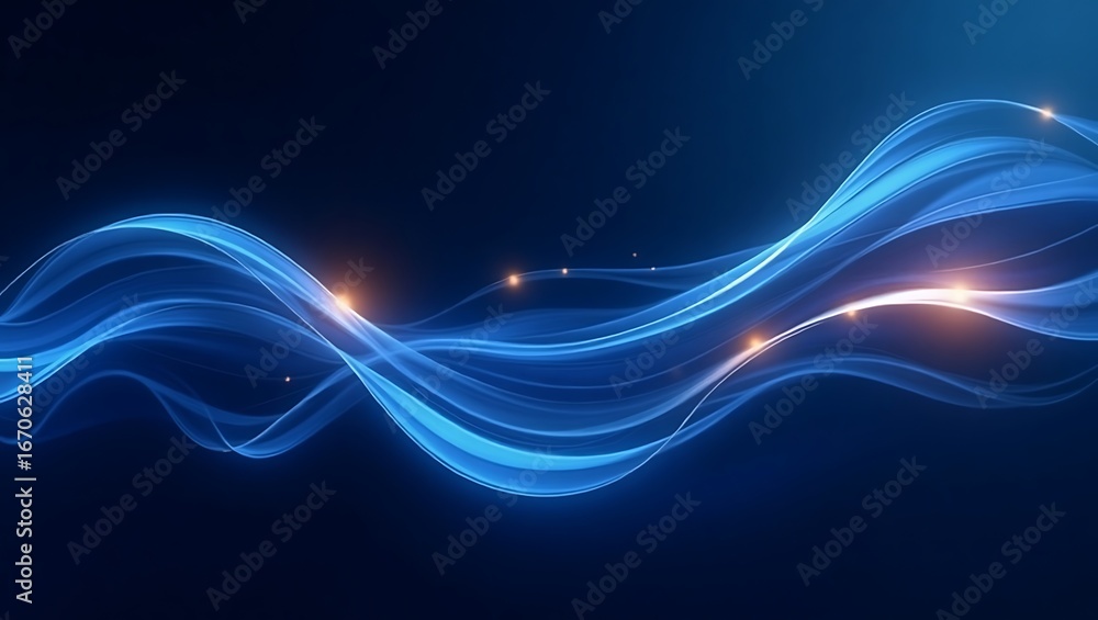 Poster abstract blue wave background. a dynamic flowing ribbon with layered shapes and glowing particles. a