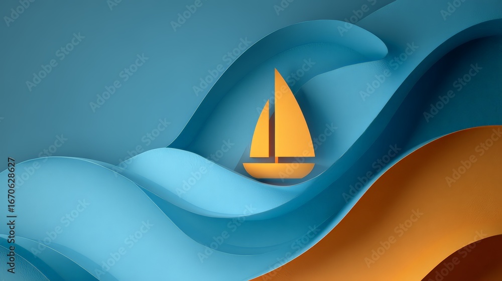 Poster a vibrant abstract image of a sailboat on colorful waves, evoking movement and serenity.