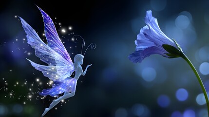 A captivating fairy with shimmering wings and a delicate blossom, a captivating image of fantasy and beauty in deep twilight hues.