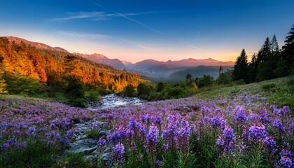Fototapeta premium vibrant purple flowers bloom in a serene landscape at twilight near a tranquil forest