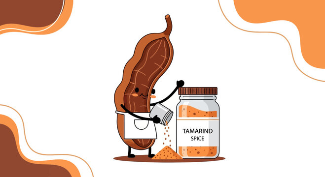 Whimsical Tamarind Pod Person Sprinkling Spices into a Glass Jar for Culinary Projects
