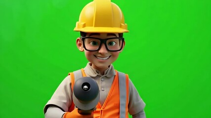 Animated young construction worker with drill ready for action against green screen backdrop