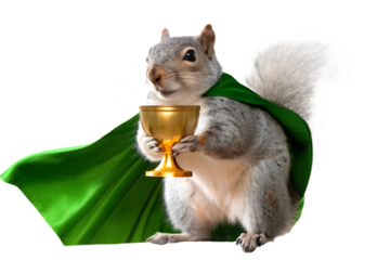 Gray squirrel superhero in green cape holds golden goblet isolated on a transparent background