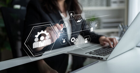 Business management system showing teamwork, productivity, and planning. Management supports goal,...