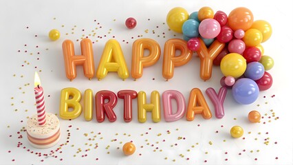 Happy birthday celebration with colorful balloons, cake and confetti isolated on white background, perfect for a festive greeting card or party invitation design