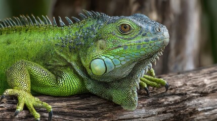 Fototapeta premium Majestic Male Green Iguana: A Rainforest Reptile with Distinct Jowls from Aruba