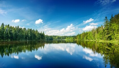 Obraz premium calm lake reflecting blue sky and forest