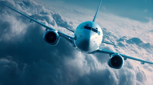 An airplane soaring through the sky above fluffy clouds during the day.