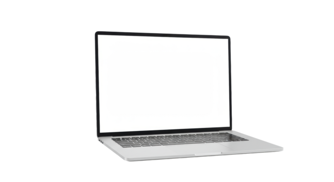 A pristine, modern, thin silver laptop with a transparent blank screen, isolated on an infinite transparent backdrop with soft studio lighting. Concept of digital innovation and new beginnings
