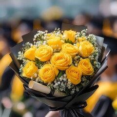 Celebrating Success: A Bouquet of Yellow Roses for the Graduate with Diploma on a Graduation Day Ceremony.