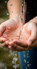 Fototapeta premium Hands cupped catching clear water with splashing droplets