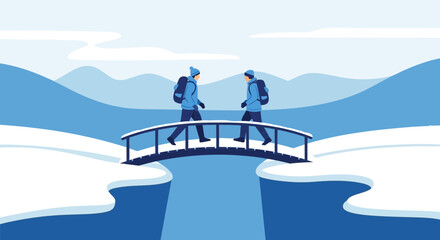 Winter Adventure Two Friends Trekking Across Snowy Bridge In Mountainous Landscape