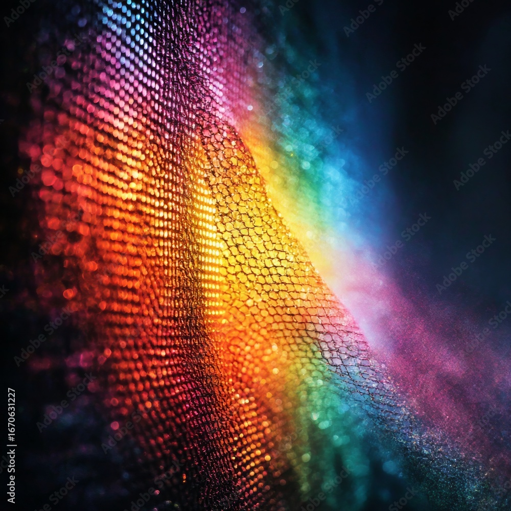 Poster iridescent grid: a close-up abstract shot showcasing a textured surface with vibrant rainbow-colored