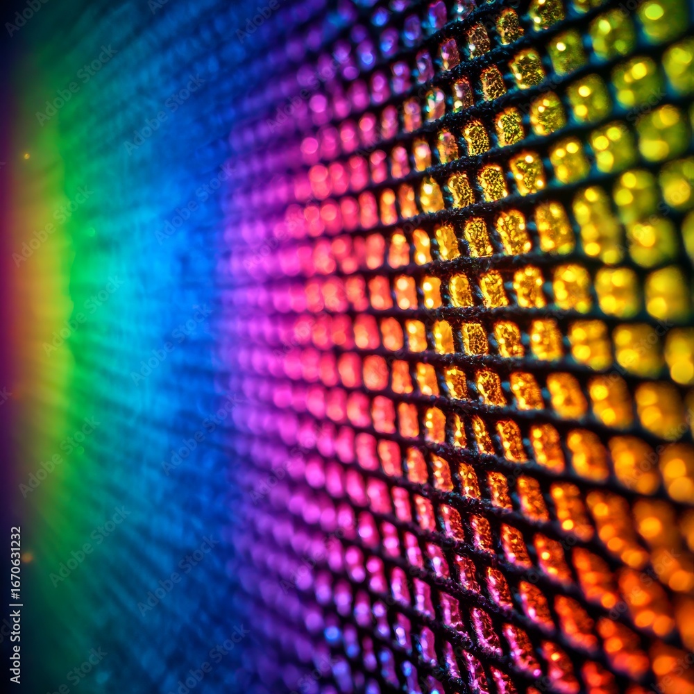 Poster iridescent glitter grid: a mesmerizing close-up of rainbow hues and sparkling textures, creating a v