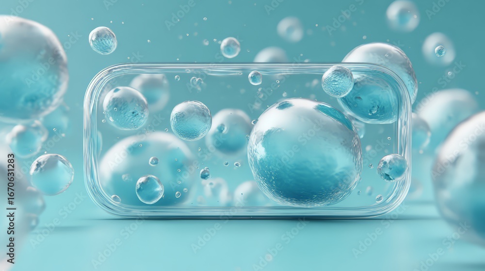 Aufkleber close-up of bubbles and spheres in a clear container with a turquoise background.