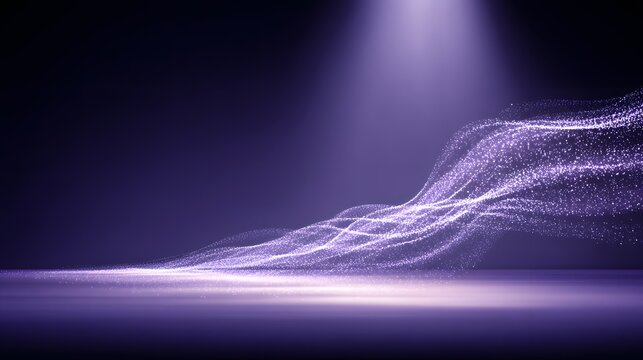 A dramatic, violet-hued scene showcases flowing, ethereal light particles, elegantly arranged in sinuous waves, against a dark backdrop.