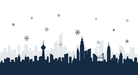 Obraz premium Winter Cityscape Silhouette With Falling Snowflakes In An Urban Environment