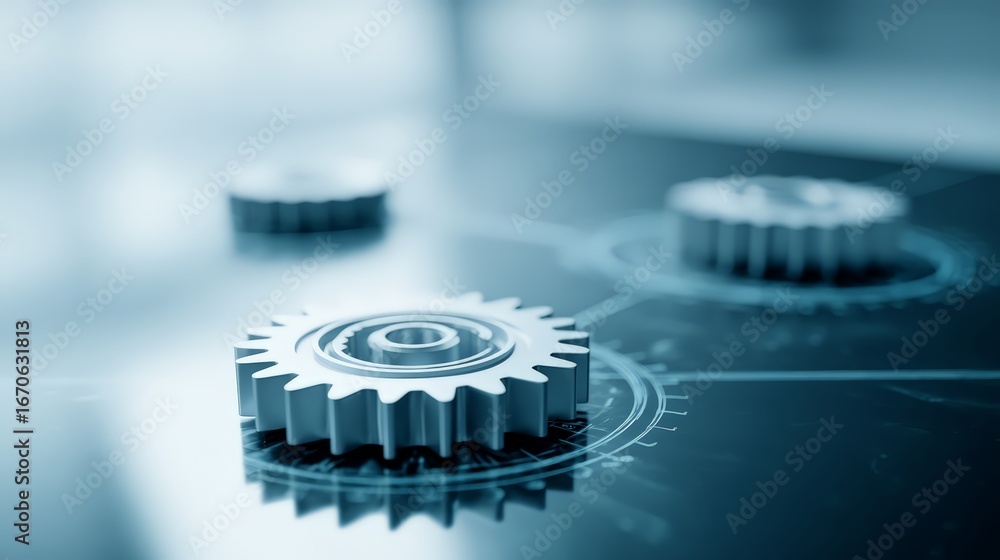 Poster close-up of metallic gears on a digital interface symbolizing innovation and engineering.