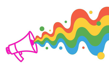 Vibrant Rainbow Waves Erupting From a Pink Megaphone Symbolizing Amplified Voice and Diverse Expression on a Clean White Backdrop