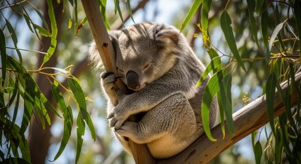 Fototapeta premium Cute Koala Sleeping Peacefully in Eucalyptus Tree in Australia