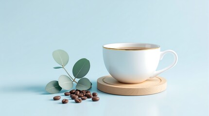 A moment of serenity with a steaming coffee cup next to eucalyptus and scattered beans on a calming blue backdrop with